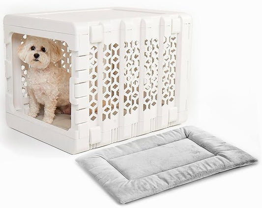 KindTail PAWD Collapsible Puppy and Dog Crate + Washable Bed - Stylish Pet Kennel with Comfortable Pad - Safe Indoor Set - Lightweight, Compact & Portable for Travel - Medium White