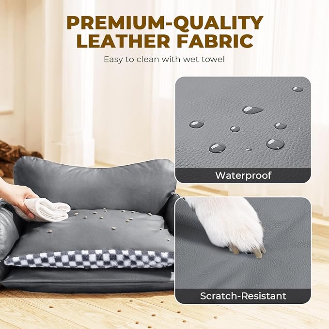 BurgeonNest Cat Couch Bed & Dog Sofa Bed for Small Dogs & Cats up to 15lbs, Double Layer Cushion Extra Comfort, Leather & Plush Material Scatch-Resistant, Waterproof, Grey