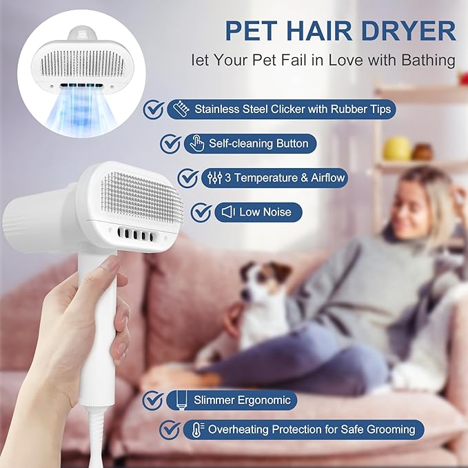 L&W BROS. Low Noise Pet Dryer for Small Dogs - 2-In-1 Indoor Grooming Dryer with Slicker Brush, Adjustable Temperature and Overheating Protection (White)