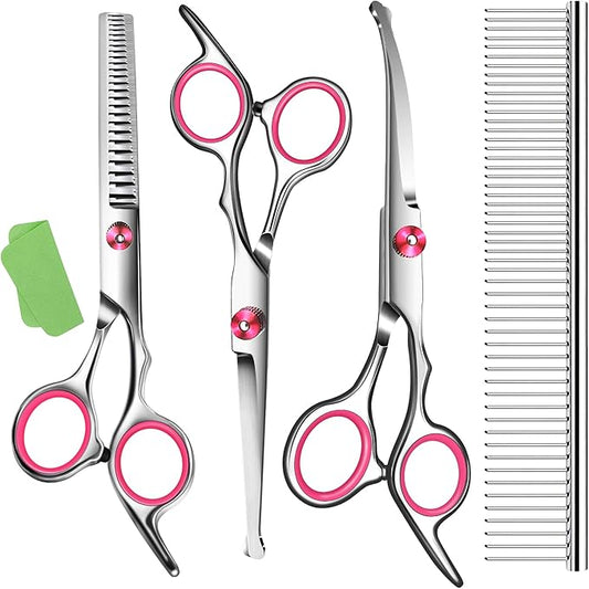 Dog Grooming scissors Kit,Includes Curved Thinning straight scissors and Comb, Dog Grooming Shears with Safety Round Tips,pet Grooming kit for Small Dogs&Puppies