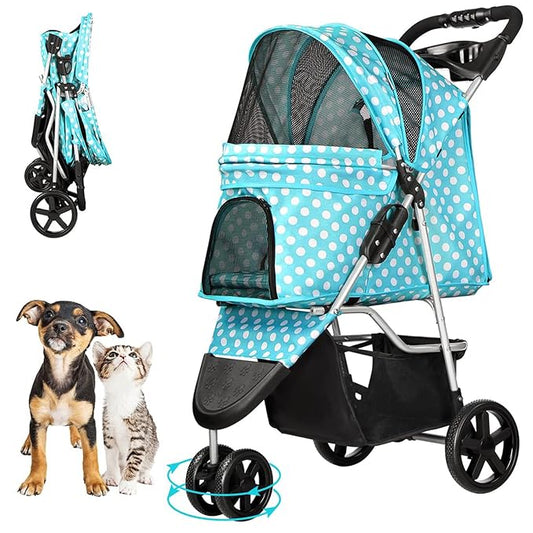 Dog Stroller for Small Dogs, Portable Pet Stroller for Cats Folding Puppy Stroller Lightweight Dog Cat Cage Jogger Stroller with Storage Basket and Cup Holder, 3 Wheels, Polka Blue