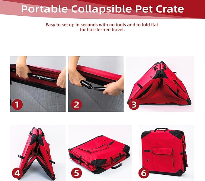 Pettycare 42 Inch Collapsible Dog Crate with Curtains Travel Dog Crate for Airflow and Calm Soft Pet Kennel with Portable Bag and More Chew Proof Mesh Indoor & Outdoor Red 4 Door Curtains
