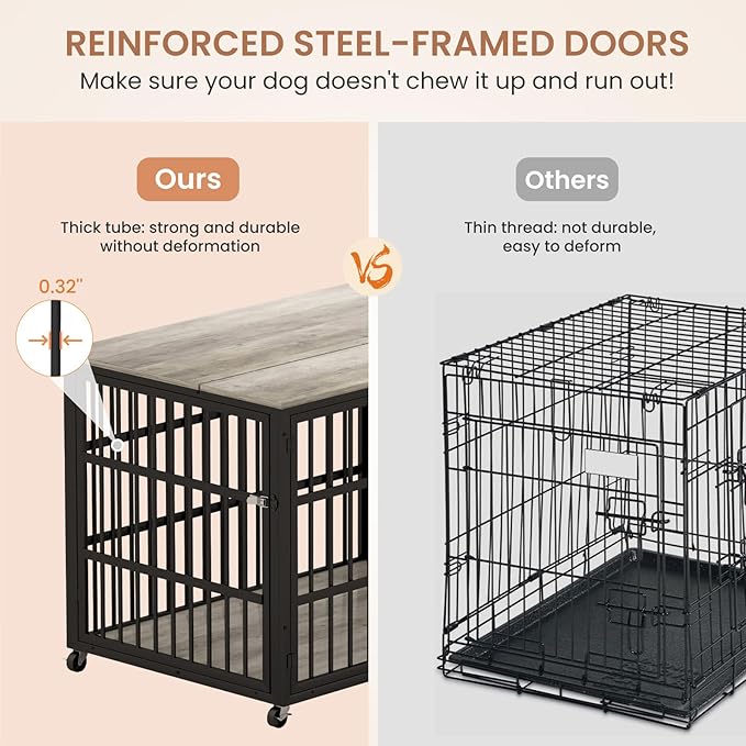 Furniture Style Dog Crate,Wrought Iron Frame with Side Openings,Wheels,Flip-Up Top,Durable and Stylish Pet Kennel for Home Use,Grey