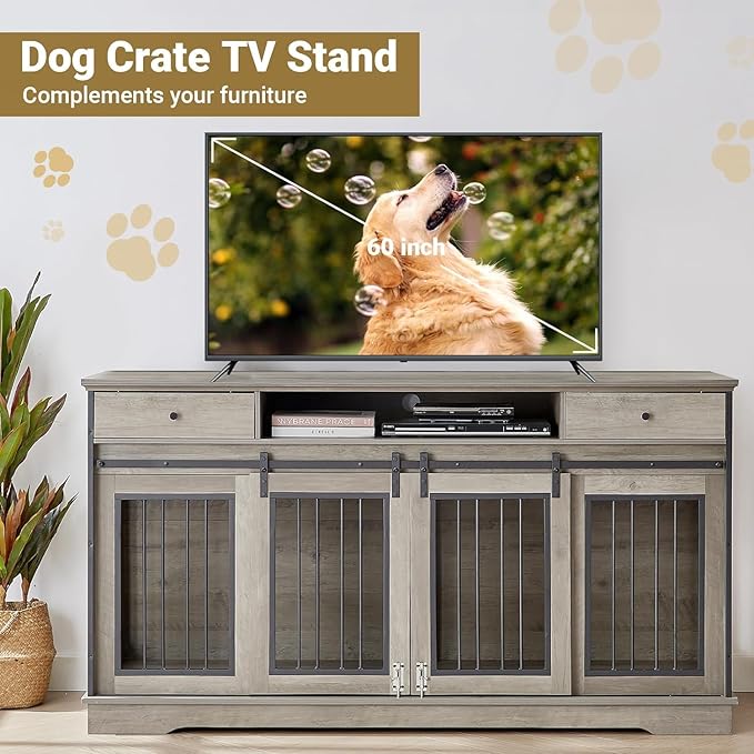 Rovibek 66 Double Dog Crate Furniture for 2 Dogs, Large Double Dog Kennel Furniture TV Stand, Furniture Style Dog Crates End Table, Wood Crates for Dogs Kennel Indoor Grey