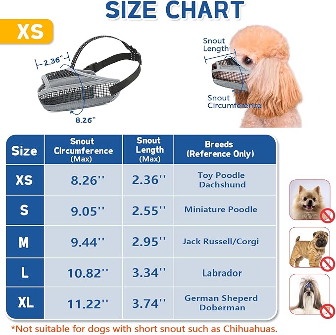 Dog Muzzle for Large Medium Small Dogs, Soft Mesh Muzzle for Dogs with Reflective Adjustable Strap, Prevent Biting Chewing and Licking, Dog Nose Open Design for Reduction Friction (Grey, XS)