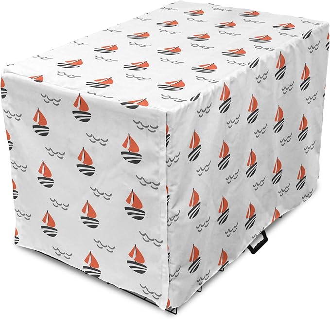 Lunarable Sail Boat Dog Crate Cover, Abstract Boat Waves Cartoon Drawing Style Geometric Pattern, Easy to Use Pet Kennel Cover for Medium Large Dogs, 42 Inch, Salmon Black Grey