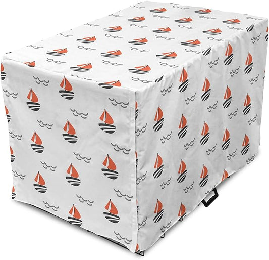 Lunarable Sail Boat Dog Crate Cover, Abstract Boat Waves Cartoon Drawing Style Geometric Pattern, Easy to Use Pet Kennel Cover for Medium Large Dogs, 42 Inch, Salmon Black Grey