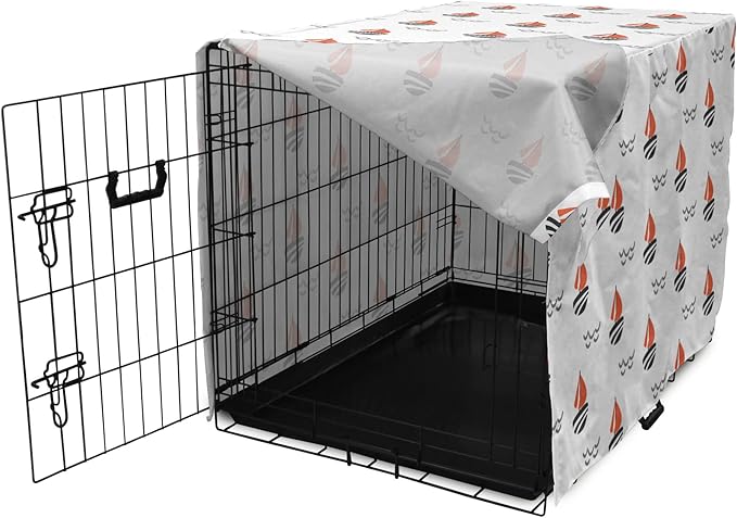 Lunarable Sail Boat Dog Crate Cover, Abstract Boat Waves Cartoon Drawing Style Geometric Pattern, Easy to Use Pet Kennel Cover for Medium Large Dogs, 42 Inch, Salmon Black Grey