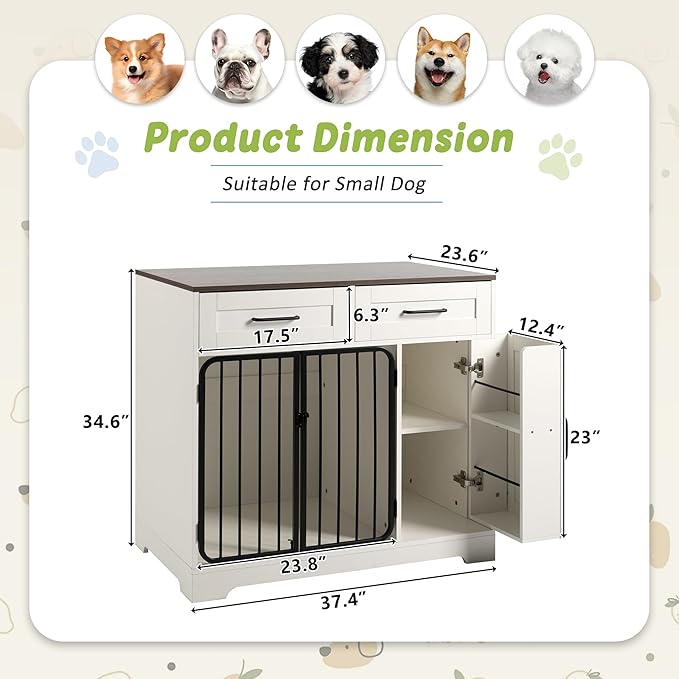 Ball & Cast 37.4" 2-in-1 Dog Crate Furniture,Modern Indoor Kennel with 2 Drawers&Storage Shelves,Double Doors&Double Locks Design for 26-40 lbs Dogs,Living Room,Kitchen,Entryway Side Table,White
