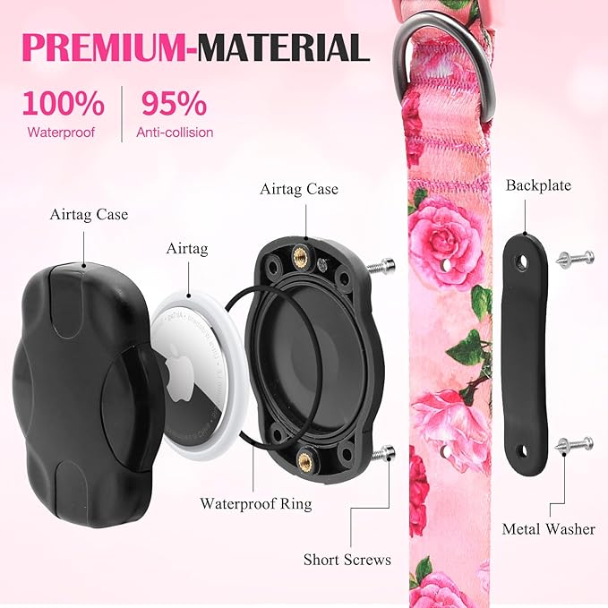 Airtag Dog Collar for Medium Dogs, Rose-Pink Dog Collars Girl with AirTag Holder Waterproof Airtag Case, Including Flower Spring Dog Collar Bowtie, for All Female Dogs 