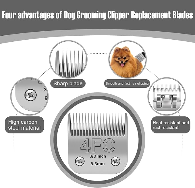 4FC Detachable Pet Clipper Replacement Blades Compatible with Andis/Oster A5/Wahl KM10 Series Dog Clipper,Made of Ceramic Blade & Stainless Steel Blade,Size 4FC Cut Length 3/8-Inch(2 Pack)