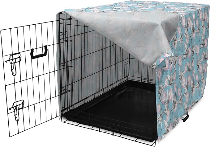 Lunarable Origami Dog Crate Cover, Japanese Tradition Paper Cranes and Cherry Blossom Petals Spring, Easy to Use Pet Kennel Cover for Cats & Medium Dogs, 24 Inch, Pale Pink Pale Blue White