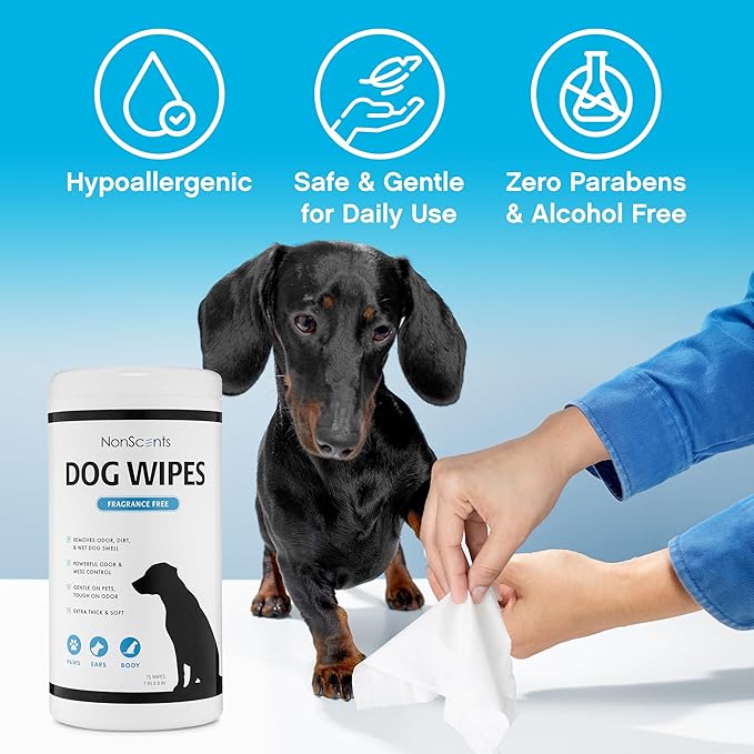 NonScents Dog Grooming Wipes - 75 Deodorizing & Cleaning Dog Wipes - Pet Wipes for Dogs - Fragrance-Free Doggy Wipes for Paws, Butt, Body - Unscented Dog Wipes for Quick Baths