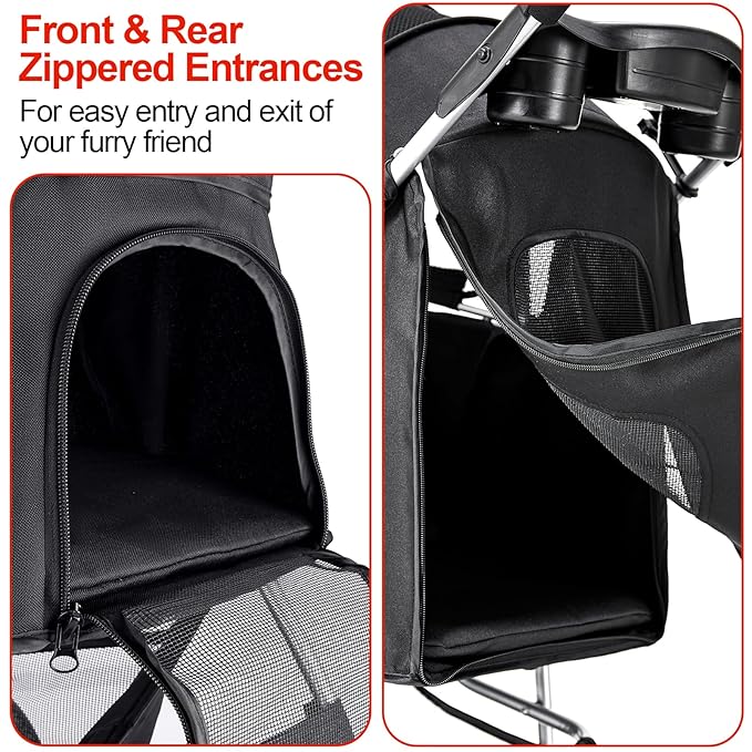 Pet Stroller for Medium Small Dogs and Cats, Folding Puppy Stroller Dog Cat Cage Jogger Stroller with Cup Holder and Storage Basket, 4 Wheels, Black