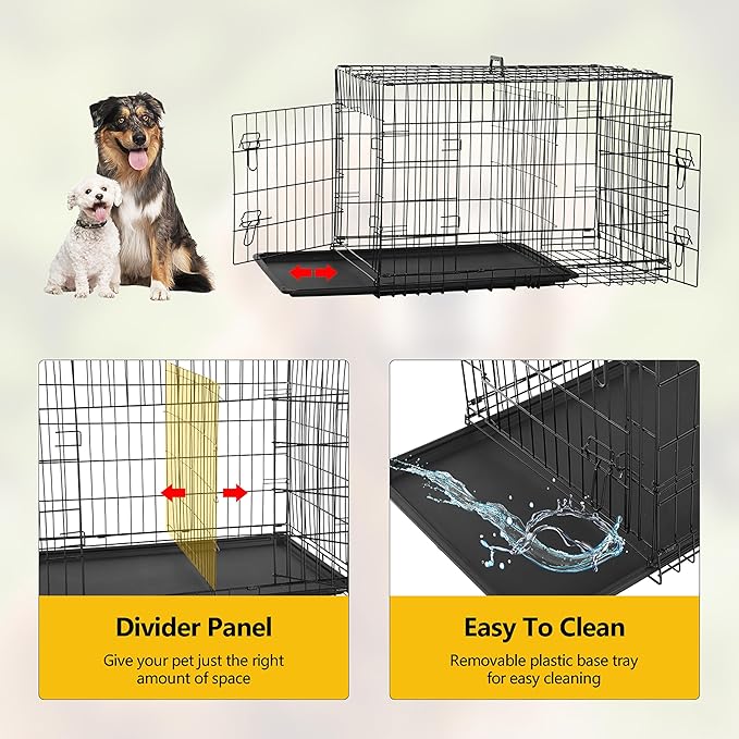 Furniture of America Yucca Metal Double Door Folding Wire Pet Crate with Divider, Removable Tray, and Handle for Outdoor and Indoor Medium Dog, 48-inch, Black