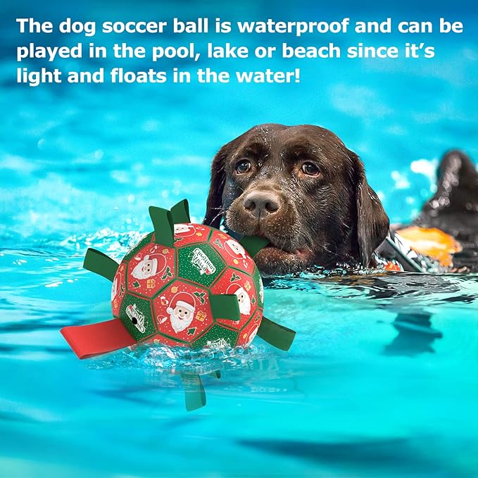QDAN Christmas Dog Toys Soccer Ball with Straps, Outdoor Interactive Dog Toys for Tug of War, Puppy Birthday Gifts, Dog Tug Toy, Dog Water Toy, Durable Dog Balls for Medium & Large Dogs(8 Inch)