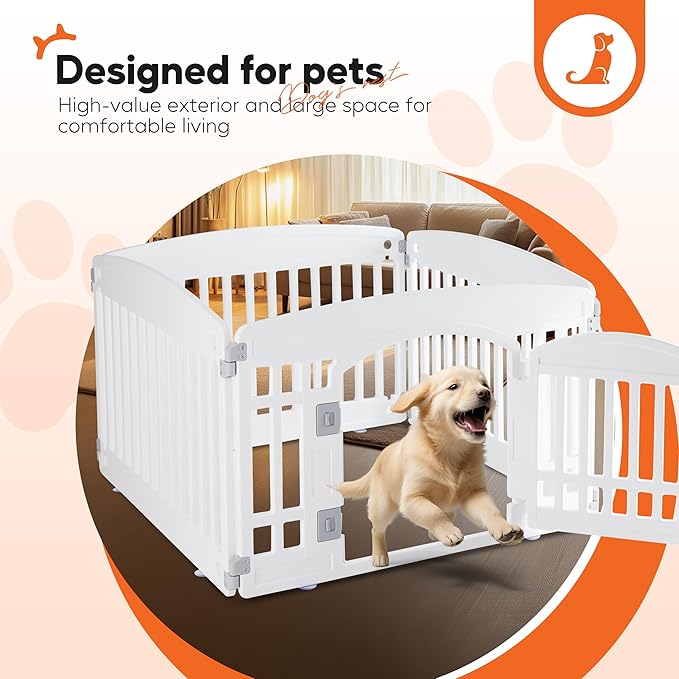 HealSmart 4 Panel 24" Plastic Dog Playpen, Folding & Portable Pet Playpen for Indoor & Outdoor Use, Safe & Secure Fence, Ideal for Small to Medium Dogs, White