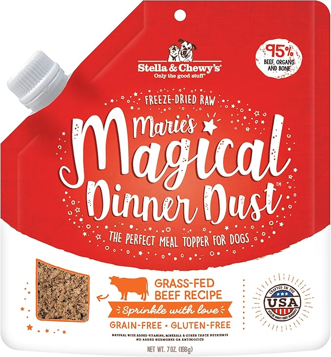Stella & Chewy's Freeze-Dried Raw Marie's Magical Dinner Dust – Protein Rich, Grain Free Dog & Puppy Food Topper – Grass-Fed Beef Recipe – 7 oz Bag