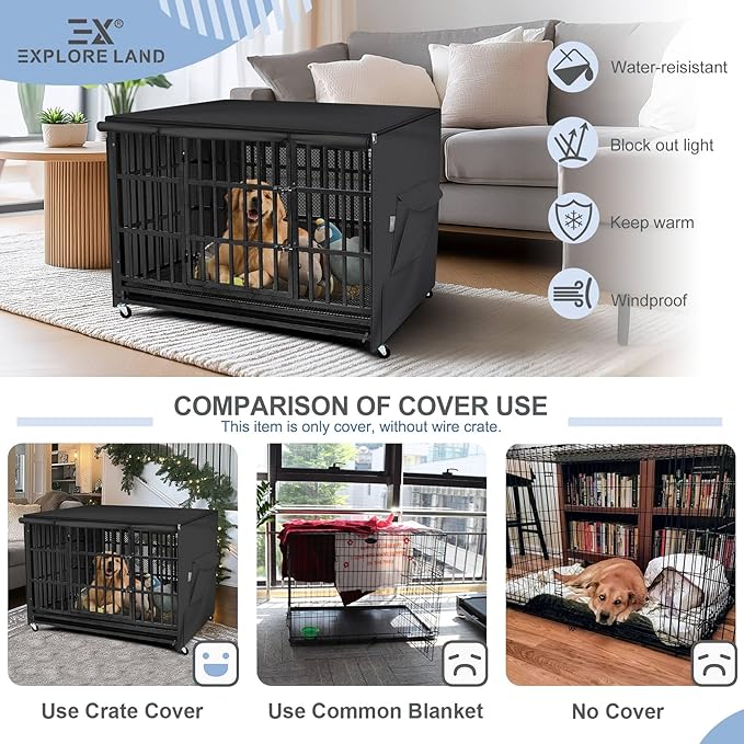 Explore Land 36 inches Dog Crate Cover with Top Panel Non-Toxic Inodorous Polyester Friendly for Dogs (Black)