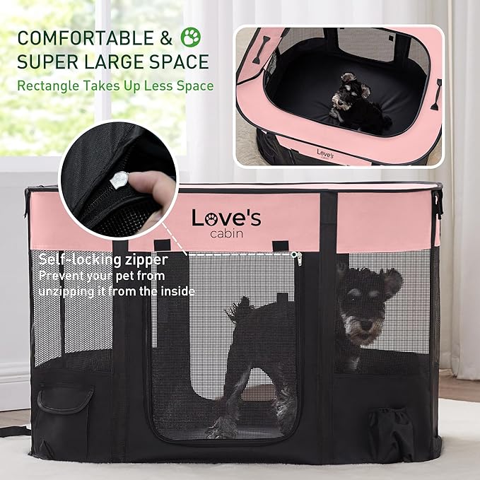Love's cabin Pet Puppy Dog Playpen, Large Dog Tent Crates Cage Indoor/Outdoor, Portable Exercise Playpen for Cat, Foldable Pop Up Dog Kennel Playpen with Carring Case (L, Pink)