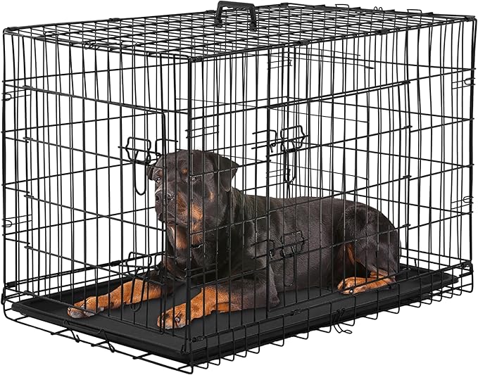 Furniture of America Yucca Metal Double Door Folding Wire Pet Crate with Divider, Removable Tray, and Handle for Outdoor and Indoor Medium Dog, 48-inch, Black