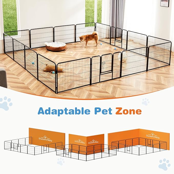 Sweetcrispy Dog Playpen Indoor - Pet Fence Exercise Pen for Yard Gate 16 Panels Foldable Puppy Playpens with Doors Metal Dog Pen for Camping, RV, Outdoor, Small/Medium/Large Pets, 32” Height