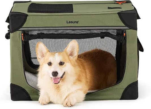 Lesure Soft Collapsible Dog Crate - 26 Inch Portable Travel Crate for Small Dogs Indoor & Outdoor, 4-Door Foldable Pet Kennel with Durable Mesh Windows, Green