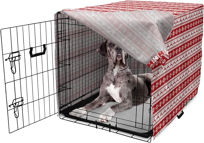 Ambesonne Christmas Dog Crate Cover, Xmas Winter Themed Deers Snowflakes in Nordic Pattern Borders and Lines Art, Easy to Use Pet Kennel Cover for Medium Large Dogs, 48 Inch, Ruby White