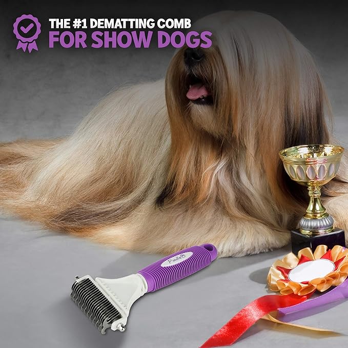POODLIE Poodle Pet Dematting Comb for Dogs – Handheld Undercoat Dematter Rake Grooming Tool for Long or Short Hair