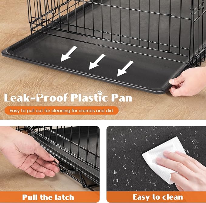 Sweetcrispy Dog Crate with Divider Panel, 42 Inch Double Door Folding Metal Wire Dog Cage with Plastic Leak-Proof Pan Tray, Large XL Pet Kennel for Indoor, Outdoor, Travel