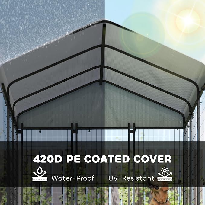 PawHut 5.9' x 5.9' x 6' Outdoor Dog Kennel, Welded Wire Heavy Duty Dog Run with 360° Rotating & 4 Level Adjustable Bowls, Dog Kennel Outside with Waterproof & UV Resistant Cover, for Large Dogs