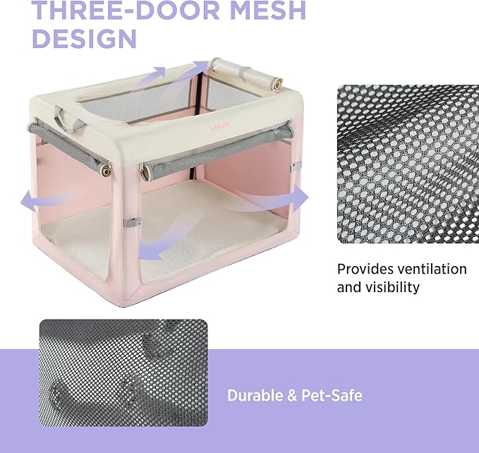 Lesure Collapsible Travel Dog Crate for Small Dogs, Portable Soft Dog Crate for Outdoor & Indoor, Folding Fabric Dog Kennel with Handle, 42 Inch Heavy Duty Pet Carrier (Pink)
