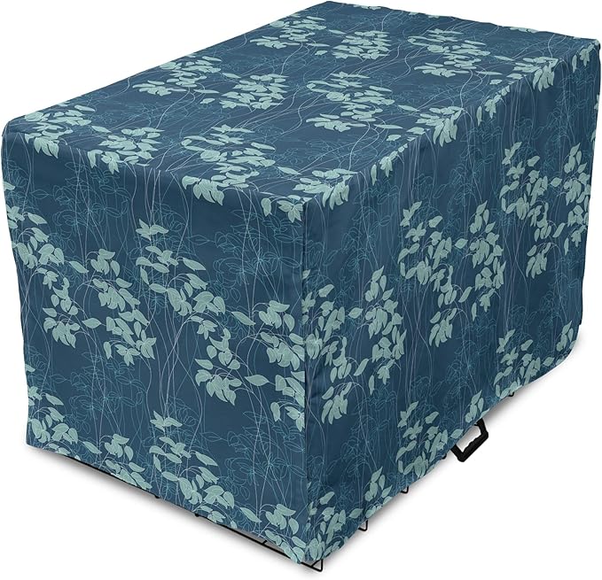 Lunarable Blue Floral Dog Crate Cover, Abstract Leaves and Outlines Rural Field Garden Foliage Art, Easy to Use Pet Kennel Cover for Medium Large Dogs, 42 Inch, Green Night