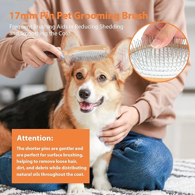 Dog Brush for Shedding & Grooming - Dog Brush for Short & Long Haired Dogs 17mm Metal Pin Deshedding with Rubber Handle - Indoor Outdoor