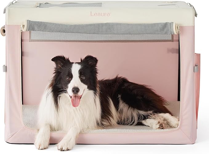 Lesure Collapsible Travel Dog Crate for Small Dogs, Portable Soft Dog Crate for Outdoor & Indoor, Folding Fabric Dog Kennel with Handle, 36 Inch Heavy Duty Pet Carrier (Pink)