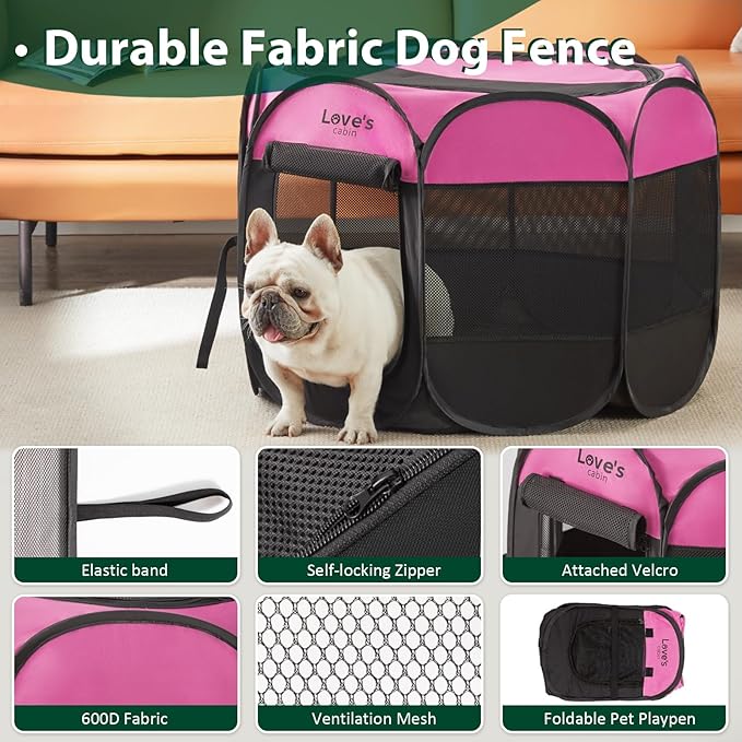 Love's cabin Pet Puppy Dog Playpen, Medium Dog Tent Crates Cage Indoor/Outdoor, Portable Playpen for Dog and Cat, Foldable Pop Up Dog Kennel Playpen with Carring Case, Removable Zipper Top, Pink