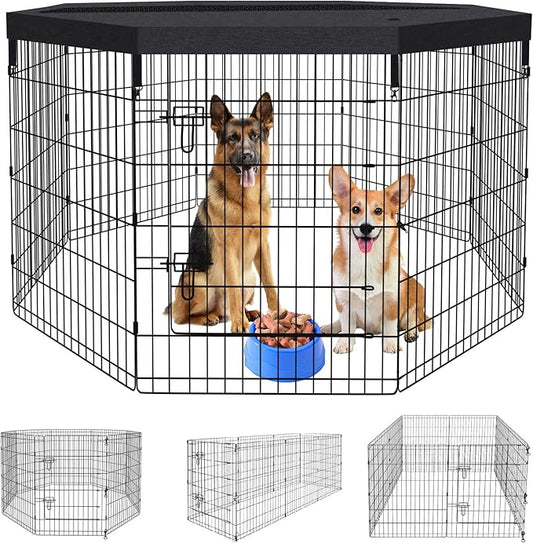 Pet Playpen Dog Fence Foldable Metal Dog Pen Wire Exercise Puppy Play Yard Pet Enclosure Indoor Outdoor 8 Panels 36 Inch with Bottom Pad/Top Cover(Black 36 top Cover)