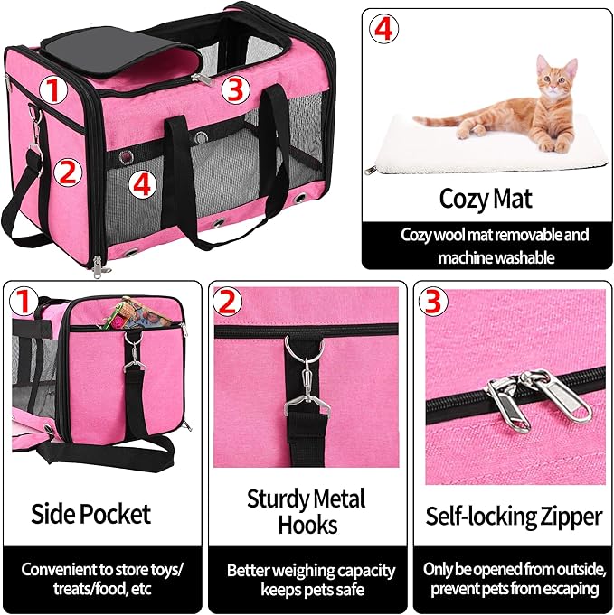 Soft Sided Cat/Dog Carrier,Collapsible Pets Travel Carriers for Pet/Puppy with Shoulder Strap & Removable Mat,Mesh Top Load Small Dogs/Cats Carry Bag Up to 25 Lbs(Pink,L)