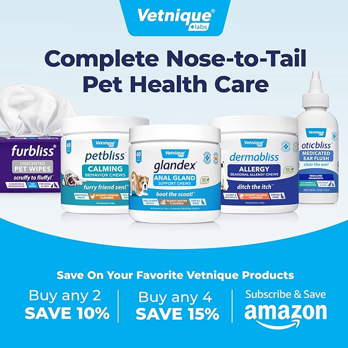 Vetnique Labs Furbliss Hygienic Pet Wipes for Dogs & Cats, Cleansing Grooming & Deodorizing Hypoallergenic Thick Wipes with All Natural Deoplex Deodorizer (Unscented, 100ct Pouch)