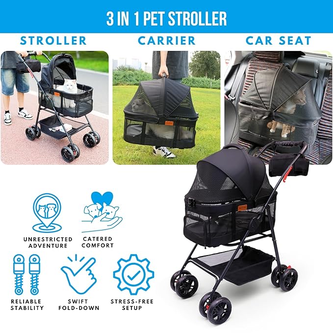 Pet Stroller for Small Dogs with Wheels, Detachable Carrier, Max Load 33 lbs, Easy Folding, Compact Portable, Dog Carriage & Stroller & Car Seat 3 in 1 Animal Stroller