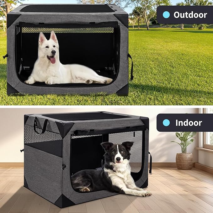 36 Inch Portable Travel Dog Crate, 3 Door Collapsible Soft Pet Kennel with Durable Mesh Windows for Medium Dogs, Foldable Dog Cage with Storage Pocket for Outdoor (Dark Grey)
