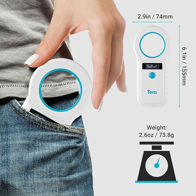 Tera Portable Pet Microchip Scanner - Animal Tag Reader with OLED Display Screen RFID Rechargeable Data Storage 2.4G Wireless & Wired USB EMID FDX-B(ISO11784/85) for Animal Management, White W90D