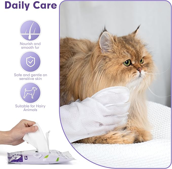cyeollo Pet Cleaning Wipes for Dogs Fur & Butt, Dog Dry Grooming Bath Glove Wipes for Deodorizing, Lick Safe Cats Cleaning Wipes, Wash Free, 6PCS