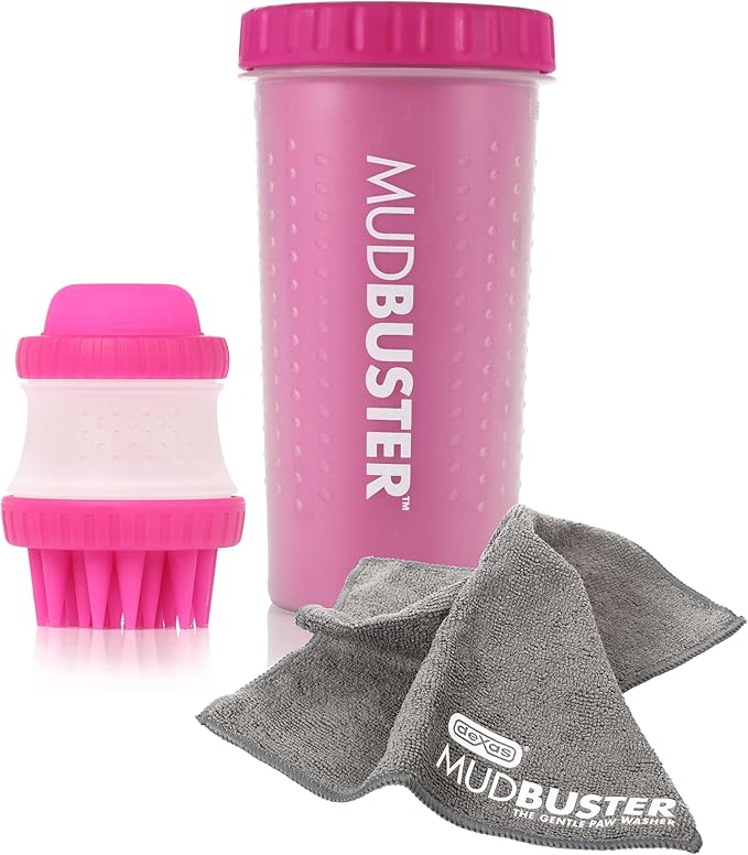 Dexas MudBuster Portable Pet Cleaning Kit with Dog Paw Washer, Pet Bathing Brush, Microfiber Towel, Large, Pink