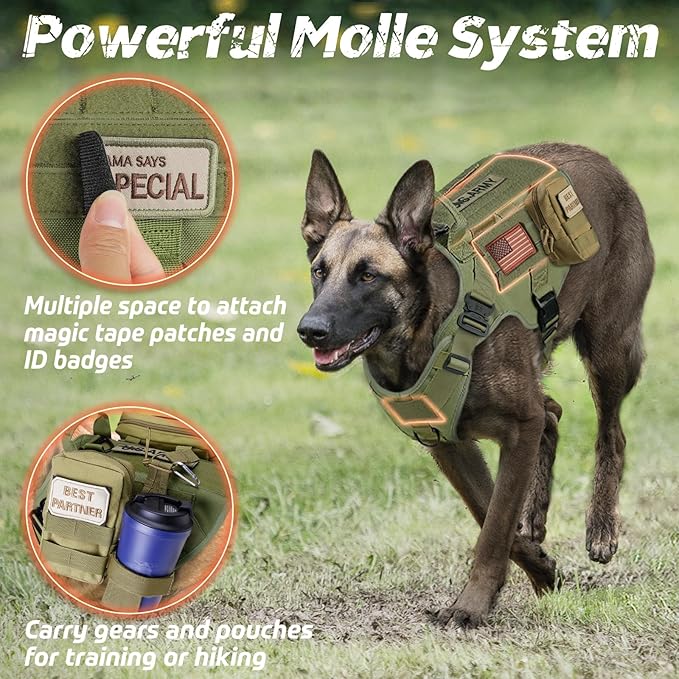 rabbitgoo Tactical Dog Harness for Large Dogs, Heavy Duty Dog Harness with Handle, No-Pull Service Dog Vest Large Breed, Adjustable Military Dog Vest Harness for Training Hunting Walking, Green, M
