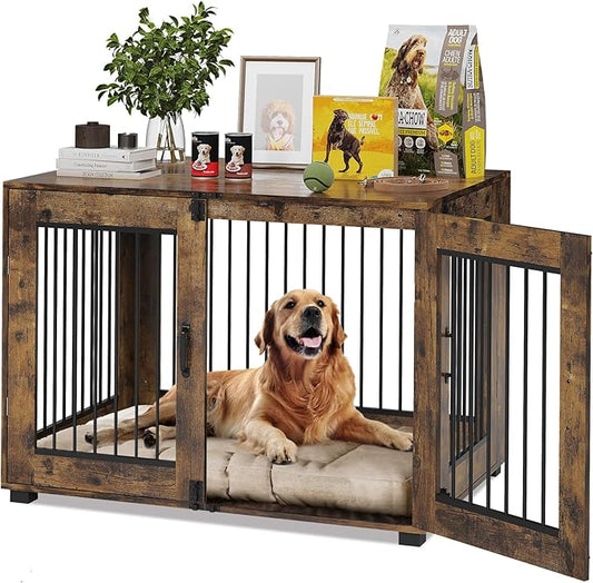 31.5" Dog Crate Furniture, Lockable Double Door Wooden Pet Crate for Indoor Use, Stylish Pet Crate End Table for Small/Large/Medium Dogs, Decorative Pet House, Functional Chic Puppy Crate Furniture