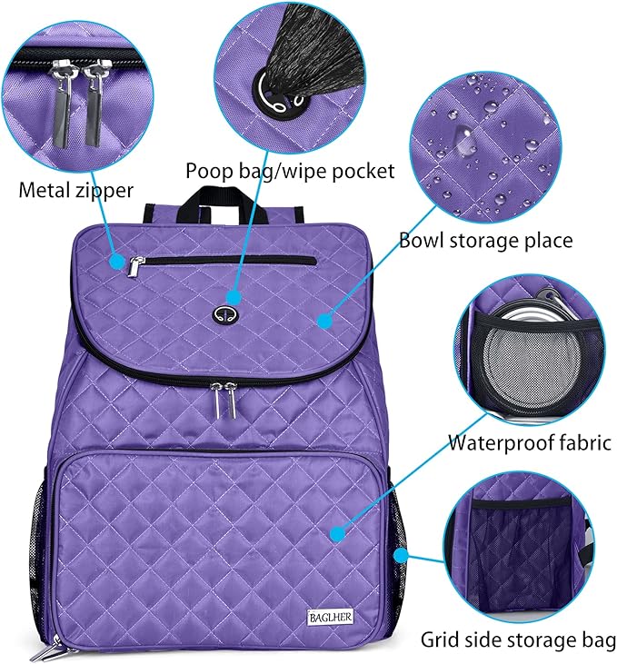 BAGLHER Dog Travel Bag Airline Approved Pet Supplies Backpack, Dog Travel Backpack with 2 Silicone Collapsible Bowls and 2 Food Baskets Purple