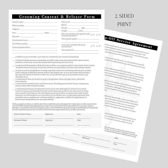 Pet Grooming Intake Forms, Consent & Release, Matted Coat Clip-Off Agreement, Pet Report Card | 50 pk, 25 of each, dbl sided | 8.5x11” Groomer Signature Client Grooming Tips Black and White Minimalist