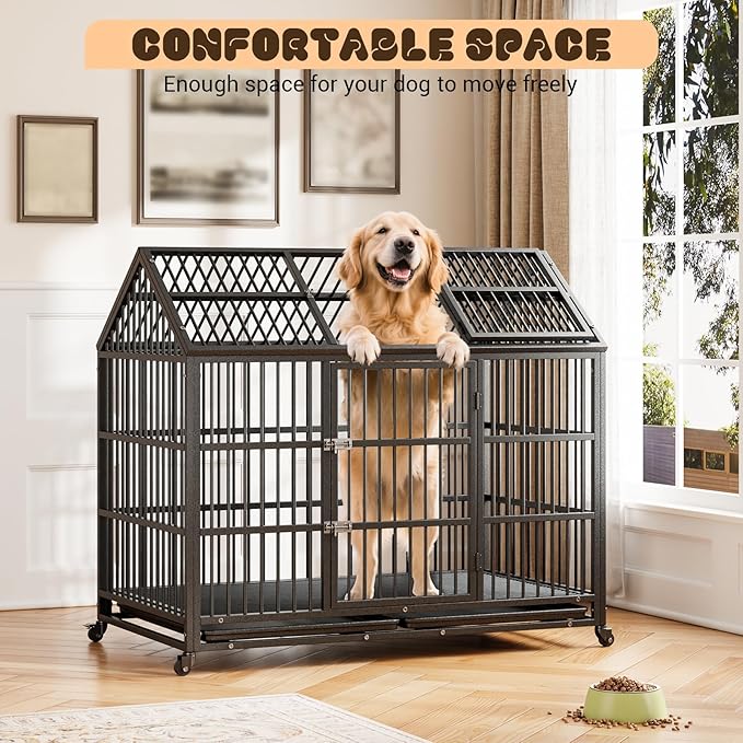 Heavy Duty Dog Crate, 52 Inch Dog Crate with Double Door, 360° Lockable Wheels and Removable Tray, Easy to Assembly,Indoor Dog Cage for Small Medium Large Dogs