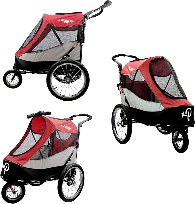 Petique Trailblazer Pet Jogger/Stroller, Bike Trailer, Shock Absorbing Bike Wheels, Large Entry Way, Peek-a-Boo Window, Small/Medium/Large Dogs, Cats and Pets, Supports up to 77LBS - Mars (Red)